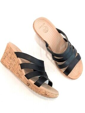 CROCS A-Leigh Black Multi-Strap Cork Wedge Slide Sandals Size 8